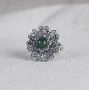 I05 Ring Flower Green Chalcedony Silver 925 Adjustable Size - Bild 1 von 4