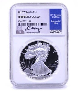 2017-W SILVER EAGLE NGC PF70 Ultra Cameo - Edmund C. Moy Hand-signed Blue Label - Picture 1 of 4
