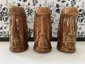 3 Vintage Moai Osterinsel braun Tiki Becher Keramik monolithisch Kopf Barware Tasse 7" - Bild 1 von 11