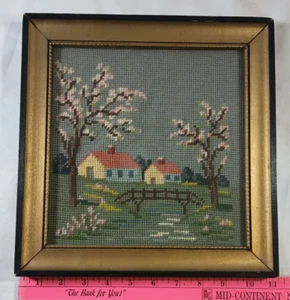 Vintage gerahmtes Stickerei gerahmtes Bild mit Haus, Brücke - Bild 1 von 4