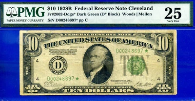 1928B $10 Federal Reserve Note PMG VF25 Dark green Cleveland star Fr 2002-Ddgs - Image 1 of 2
