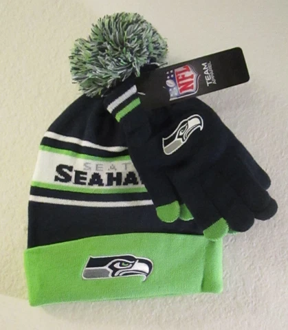 NWT NFL Seattle Seahawks Cuffed Knit Pom Hat & Gloves Set OS Navy/Green MSRP$50 Cover