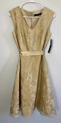 Vestido Feminino Chetta B Tamanho 4 Midi Amarrar Cintura Cinch Retrô Dourado Véspera de Ano Novo - Imagem 1 de 4