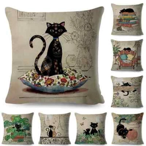 Cute Elegant Black Cat Cushion Cover Double Print Cartoon Animal Pillow Case - Picture 1 of 55