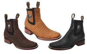 Men Western Cowboy Square Toe Ankle Woven Boot Botin Vaquero Petatillo Rodeo - Picture 1 of 4