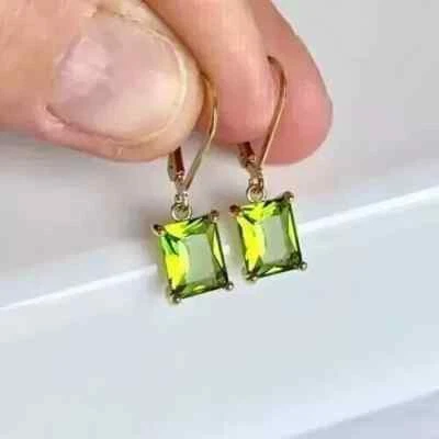 Drop Dangle Earrings 2.Ct Lab Created Emerald Cut Peridot 14K Yellow Gold Plated - Image 1 of 4