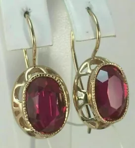 3Ct Oval Cut Lab-Created Red Ruby Drop/Dangle Earrings 14K Yellow Gold Plated - Picture 1 of 7