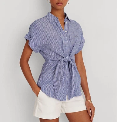 Camisa Lauren Ralph Lauren listrada frente amarrada linho azul branca feminina plus size 2X - Imagem 1 de 4