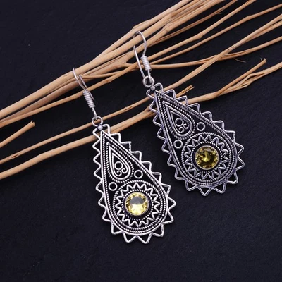 黄水晶宝石手工 925 纯银珠宝耳环 2.30 英寸 Y498 — 第 1/4 张图片