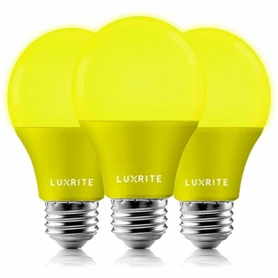 Luxrite A19 Yellow LED Bug Light Bulb 60W Equivalent UL Listed E26 Base 3-Pack - Image 1 of 4