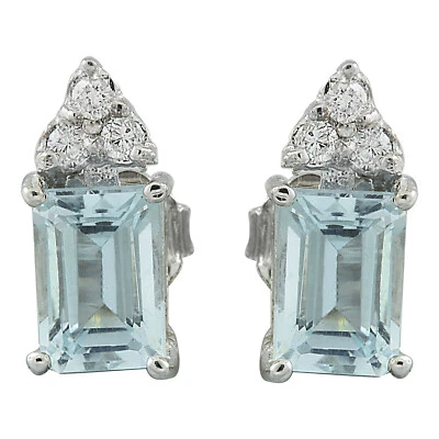 Aretes de oro macizo de 14 k con diamantes aguamarina natural de 2,65 quilates de 5x12 mm Foto 1 de 4