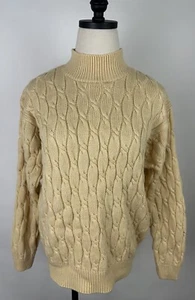 Vintage 90s Cable Knit Sweater M Mockneck Fisherman Pullover Butter Yellow Boho  - Picture 1 of 11