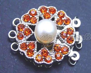 SALE Big 8-9mm Natural White pearl 25mm Round 3 Strand Clasp Red crystal-g179 - Picture 1 of 2