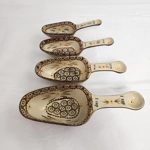 Temptations Old World Brown Measuring Cups Spoons Nesting Set of 4 Yellow Flower - Picture 1 of 10