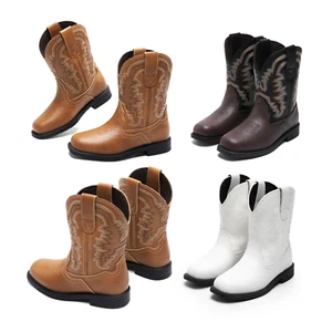 Boys Girls Mid Calf Boots Western-Embroidered Cowboy Boots with Low Chunky Heel - Picture 1 of 26