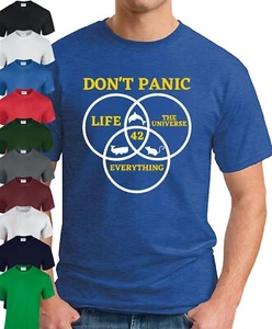 DON'T PANIC 42 T-SHIRT Funny Slogan Novelty Mens Geeky Hitchhikers Guide Film - Picture 1 of 21