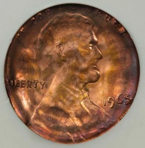 1965 ANACS MS63 Reverse Die Cap Lincoln Cent Mint Error Rainbow Toning X-Rare - Picture 1 of 4
