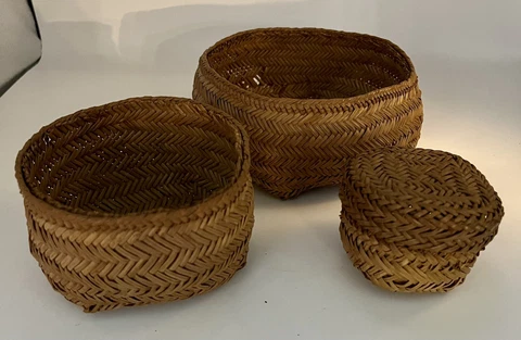 3 Tarahumara Mexican Hand Woven Baskets, Nesting Cover