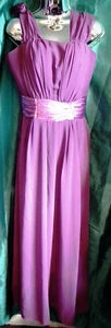 New PURPLE SATIN BALL GOWN/WEDDING/PROM.size10UK? BUST 36"-LONG.FLOWER STRAPS - Picture 1 of 4