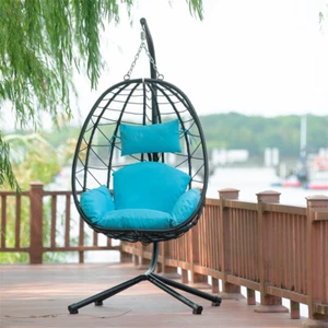 Hanging Egg Swing Chair Outdoor Wicker Hammock Chairs w/Steel Stand & Cushion - Picture 1 of 13