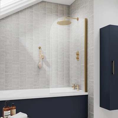 Bathroom Frameless Curved Hinged 180° Pivot Bath Shower Screen Brushed Brass - Image 1 of 4