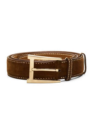 DURET Paris Brown Suede Calf Leather Belt with Gold Alpha Buckle 36" 90cm — 第 1/4 张图片