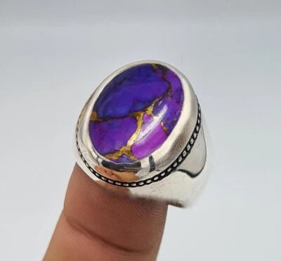 Solid 925 Sterling Silver Natural Purple Copper Turquoise Gemstone Men's Ring - Image 1 of 4