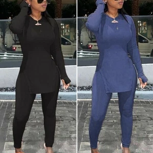 2 Stück Damen Langarm Daumenloch Split Saum Top & Bleistift Hose Set - Bild 1 von 7