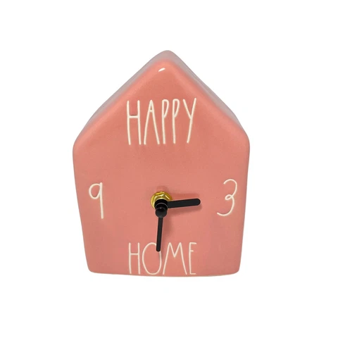 Rae Dunn HAPPY HOME House Clock Coral Pink Ceramic tabletop decor Cover