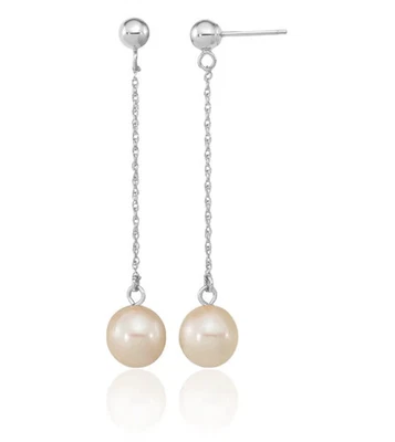 10K Solid White Gold 7mm Round Freshwater Cultured Pearl Dangle Earrings - Image 1 of 4