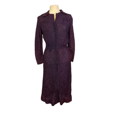 Vestido Vintage Crochet Cinta Tejido, Ciruela Púrpura Manga Larga Midi Cuello 36 Busto Foto 1 de 4