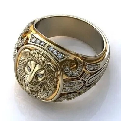 Anillo redondo de león de diamantes blancos creado en laboratorio de 3,10 quilates enchapado en oro amarillo de 14 k para hombre Foto 1 de 4