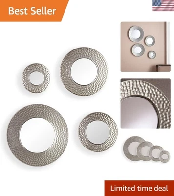 Wall Mirror Set Silver Round 4pcs Hammered Frame Living Room Decor - Image 1 of 4
