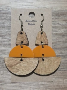 Hand Painted Laser Cut Wood Earrings Geometric Wood & Acrylic 3" - Picture 1 of 1