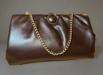 Винтажный 1960-х коричневый кожаный клатч / ручная сумка золотая цепочка - Изображение 1 из 4