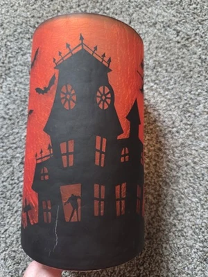 YANKEE CANDLE HALLOWEEN SCENE JAR HOLDER ORANGE HAUNTED HOUSE WITCH 8” - Image 1 of 4