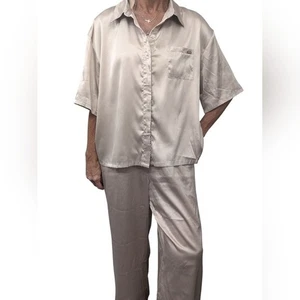 Jason Wu Satin Pajama Set 2 Piece Top Pants Lounge Sleepwear Size L Beige - Picture 1 of 10