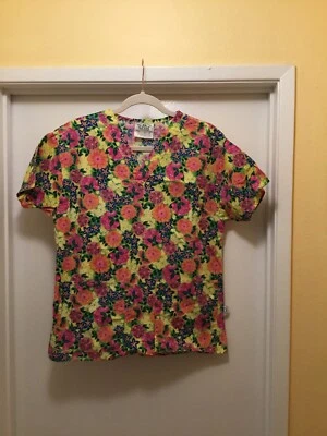 Women's Nurse Scrub Smock Orange Flowers size XS by Crest Cottons - Image 1 of 4