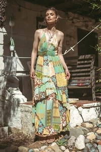 Illa Illa Green & Brown Patchwork Bohemian Halter Maxi Dress Tiered Ruffle - Picture 1 of 12