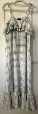 Vestido Anthropologie Antik Batik Tony Maxi Sol Azul Xadrez Gravatas de Ombro Médio M - Imagem 1 de 4