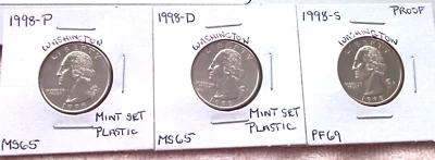 1998-P MINT STATE /1998-D MINT STATE / 1998-S HIGH END PROOF WASHINGTON QUARTERS - Image 1 of 4