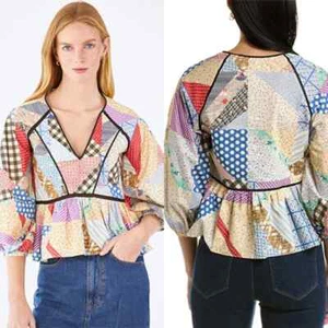 NWT Hunter Bell 3/4 Sleeves Peplum Grayson V-Neck Top Patchwork Multicolor - Picture 1 of 8