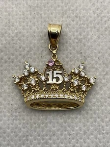 14K T/Tone Gold CZ & Cr. Pink Sapphire “15” Birthday QUINCEANERA CROWN Pendant - Picture 1 of 18