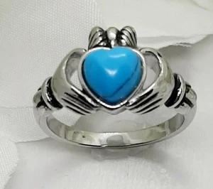 Claddagh Ring Stainless Steel Turquoise Heart Shape Irish Wedding Ring Blue - Picture 1 of 11