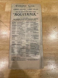 January 1914 Aquitania First Class Cabin Plan Color Cunard Line Beautiful Shape - Picture 1 of 12