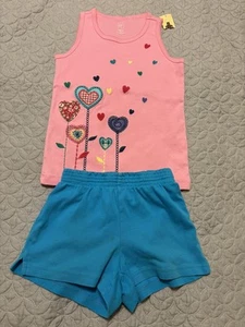 NWT babyGAP Girls Sz5 Pink Tank w/ Multicolored Heart Flowers, EUC Teal Shorts - Picture 1 of 6