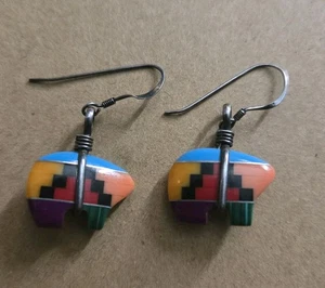 Sterling Silver Southwest Bear Earrings: Inlay Gemstone Zuni Style - Picture 1 of 2
