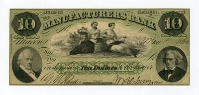 1862 $10 The Manufacturers Bank - Macon, GEORGIA Note - Image 1 of 2