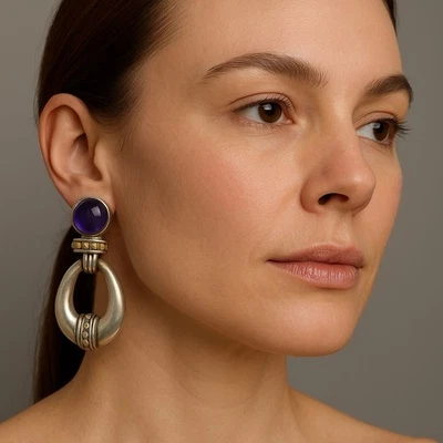 Lagos Caviar Earrings Sterling Silver 18K Gold Amethyst Day To Night Doorknocker - Image 1 of 4