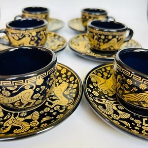 Black 24K Gold Vintage Greek Demitasse Tea Cups and Saucers Set 6 - Picture 1 of 18